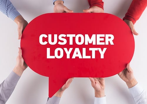 the words customer loyalty in a red speech bubble.